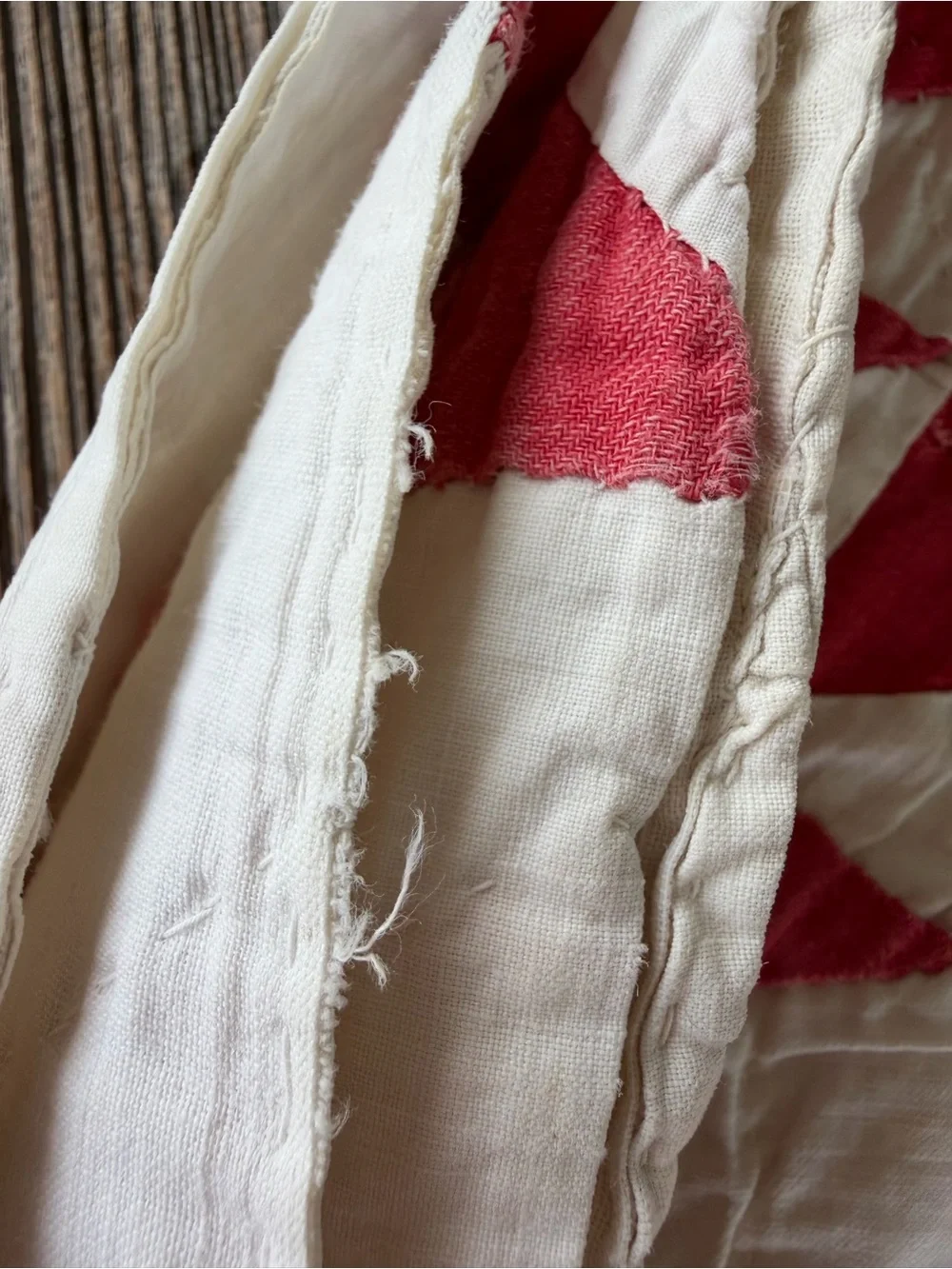 Vintage Pickle Dish Quilt Hand Stitched Red White Gauzy Cotton Thin 57x89 READ